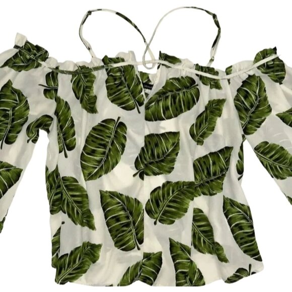 Off Shoulder Tropical Leaf Print Blouse White Green Vacation Top M - Picture 4 of 10